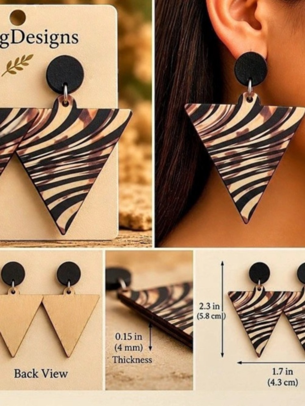 Abstract Wood Triangle Earrings - Black & Brown